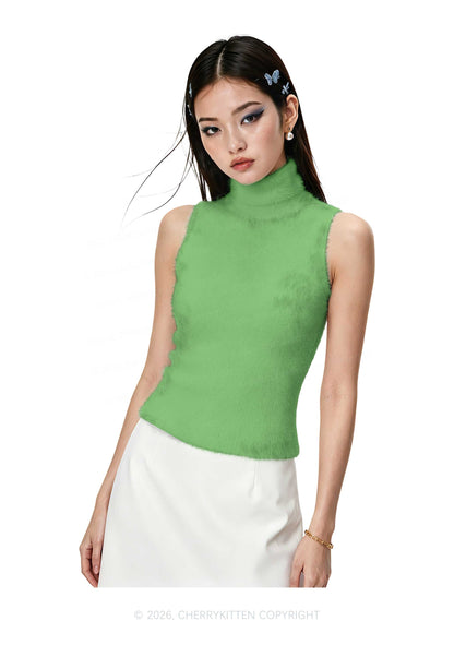 Plain Grass Green Y2K Knit Turtleneck Tank Top Cherrykitten