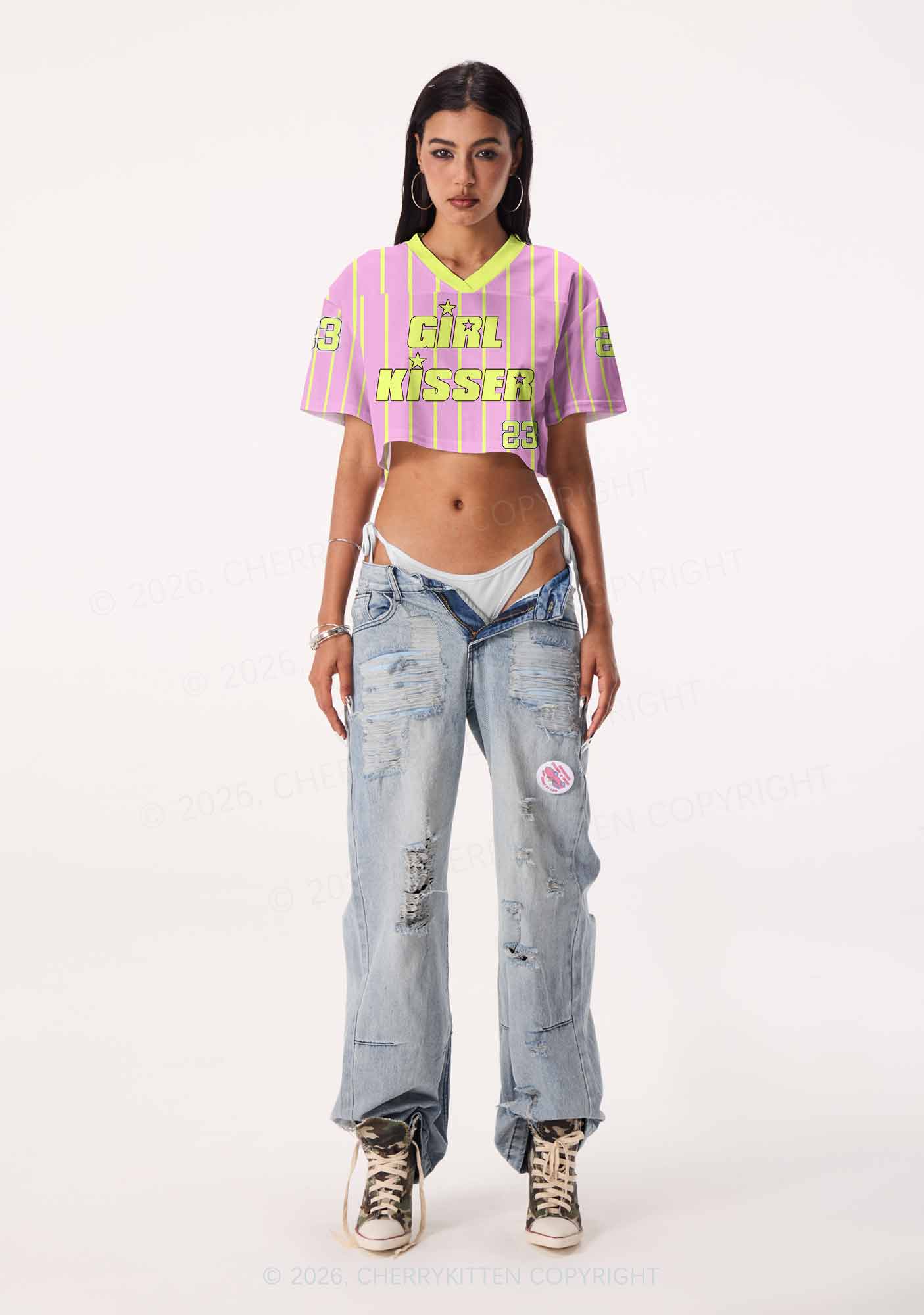 Pale Yellow Girl Kisser Pride Y2K Crop Sport Jersey Shirts Cherrykitten