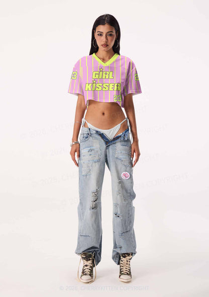 Pale Yellow Girl Kisser Pride Y2K Crop Sport Jersey Shirts Cherrykitten