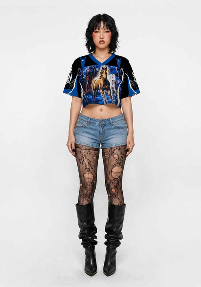 Horses In Lightning Y2K Crop Sport Jersey Shirts Cherrykitten