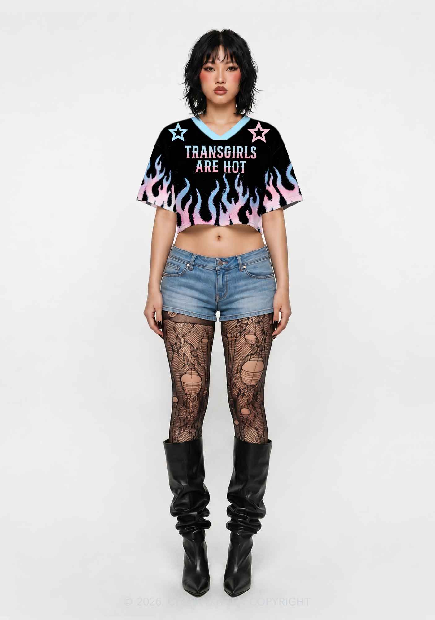 Transgirls Are Hot Flame Pride Y2K Crop Sport Jersey Shirts Cherrykitten