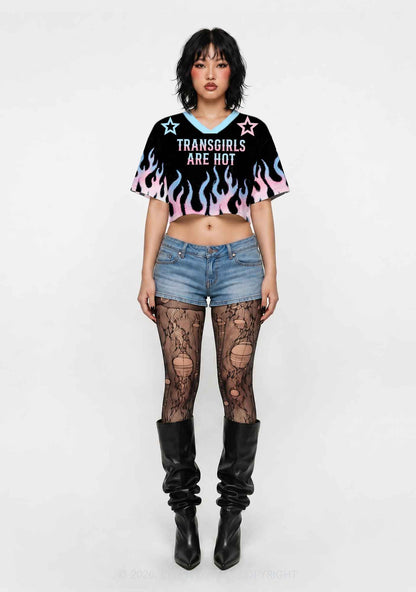 Transgirls Are Hot Flame Pride Y2K Crop Sport Jersey Shirts Cherrykitten