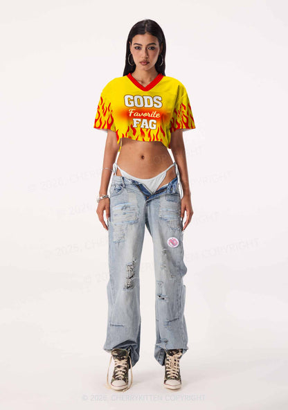 Yellow Gods Favorite Fag Pride Y2K Crop Sport Jersey Shirts Cherrykitten