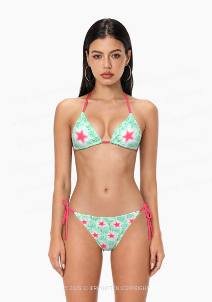 Mint Green Rose Pink Star Y2K Print Bikini Set Cherrykitten