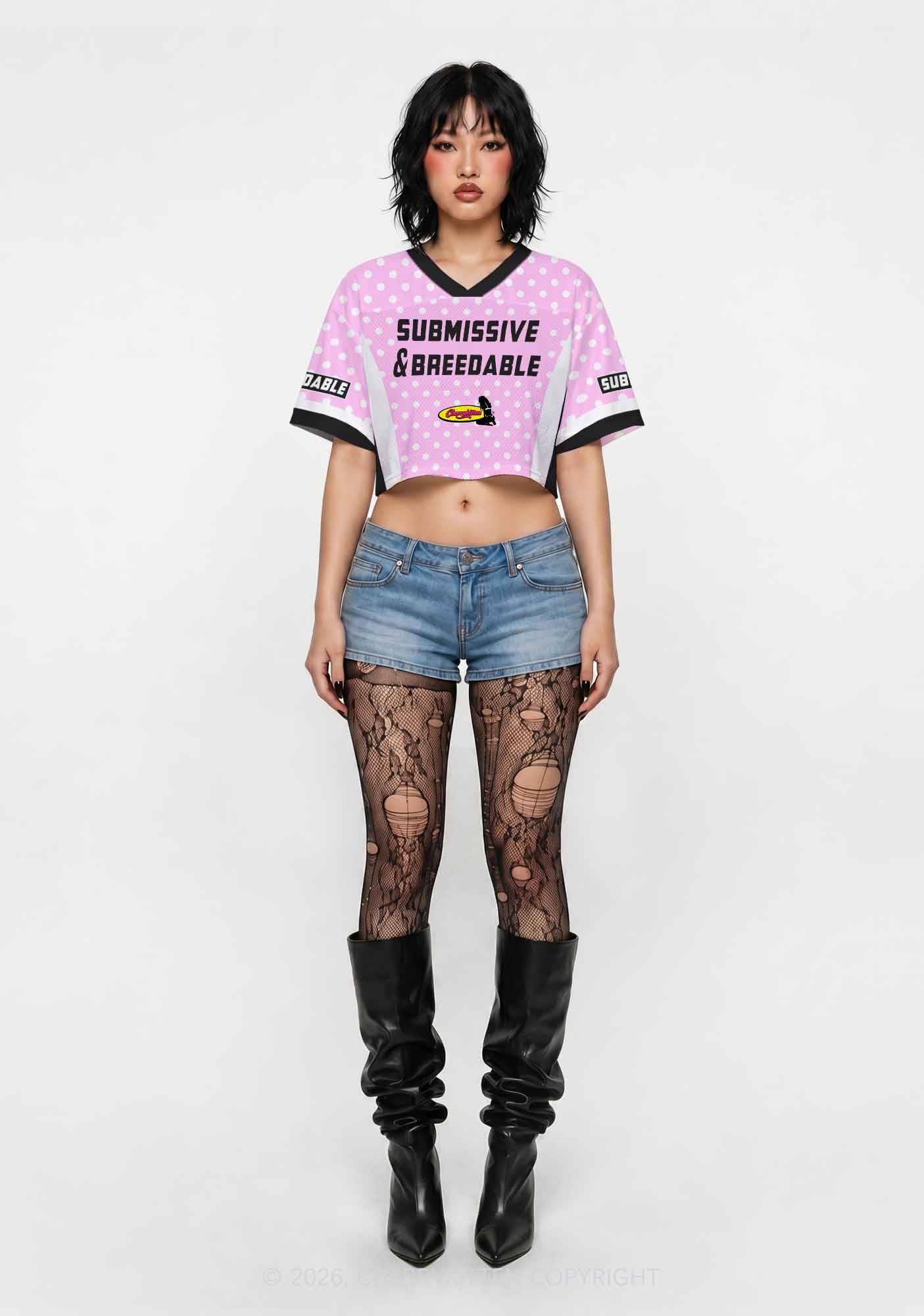 Submissive Breedable Pink Dots Y2K Crop Sport Jersey Shirts Cherrykitten