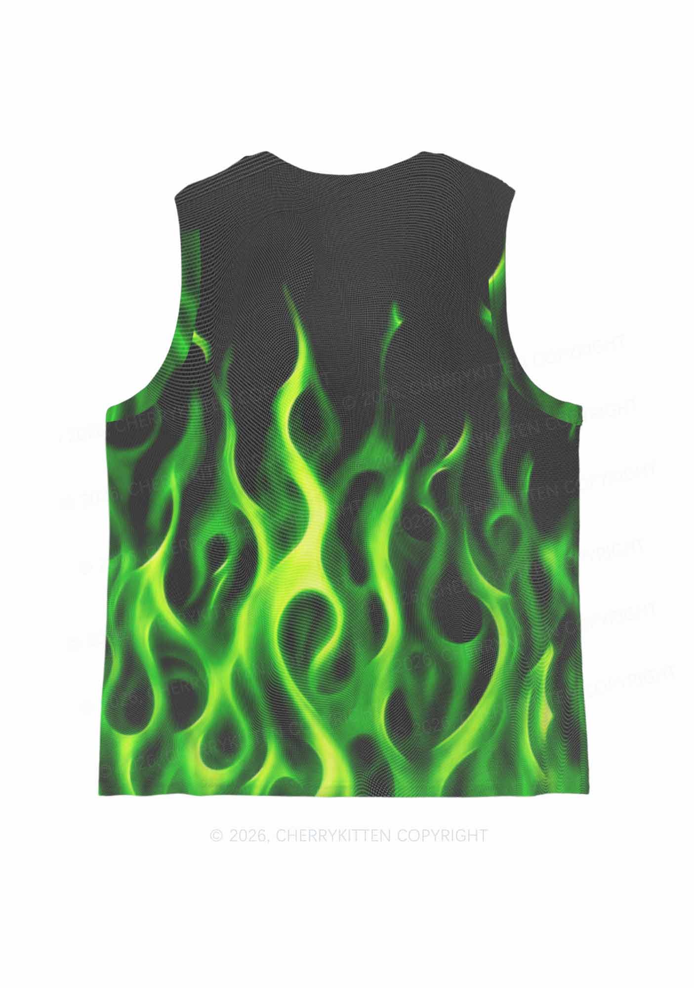 Neon Green Flame Y2K Mesh Muscle Tank Cherrykitten