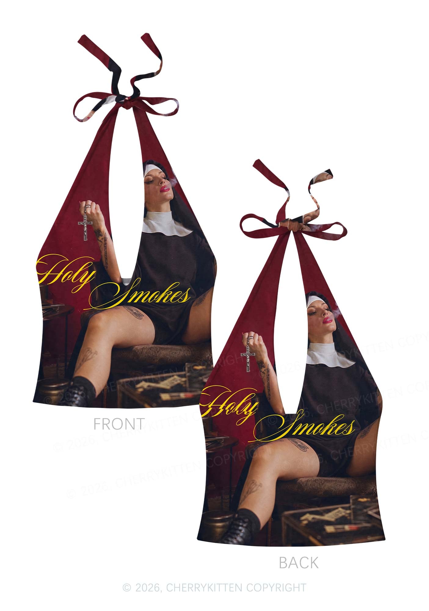 Holy Smokes Nun Y2K Print Halter Deep V Neck Cami Cherrykitten