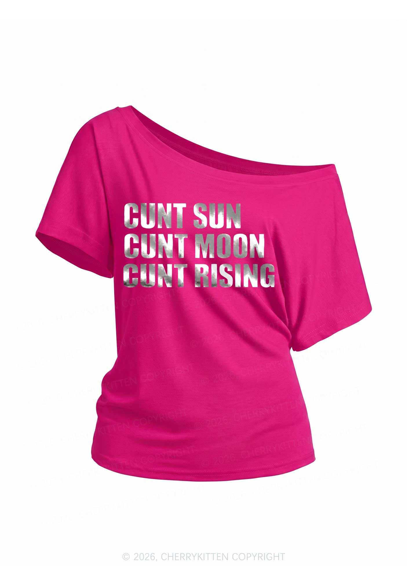 Cxxt Sun Moon Rising Silver Foil Printed Y2K Off Shoulder Tee Cherrykitten