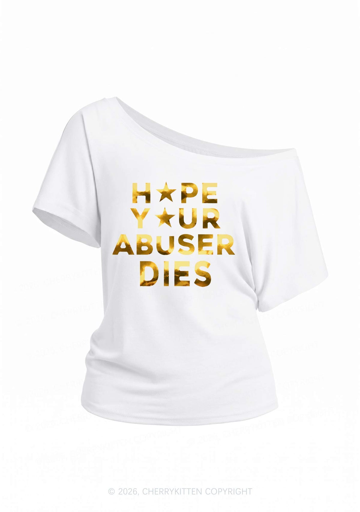 Abuser Dies Silver Foil Printed Y2K Off Shoulder Tee Cherrykitten
