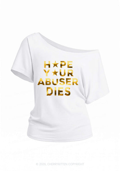Abuser Dies Silver Foil Printed Y2K Off Shoulder Tee Cherrykitten