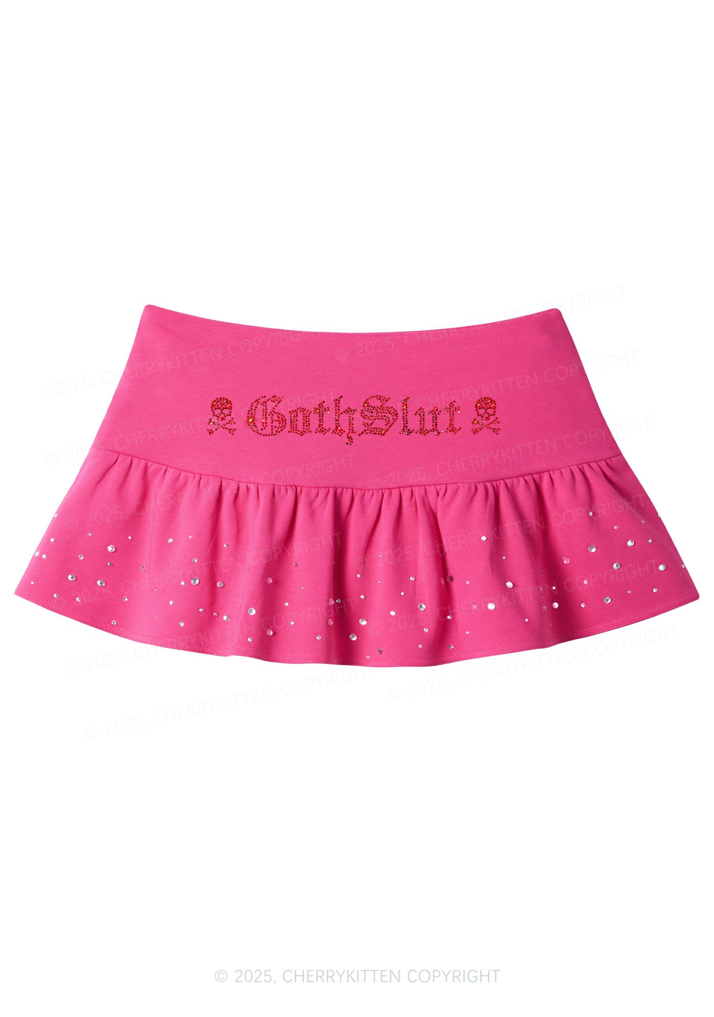 Rhinestone Gothslxt Y2K Pink Ruffled Rhinestone Mini Skirt Cherrykitten