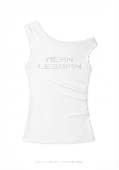 Rhinestone Mean Lesbian Pride Y2K Off Shoulder Tank Top Cherrykitten
