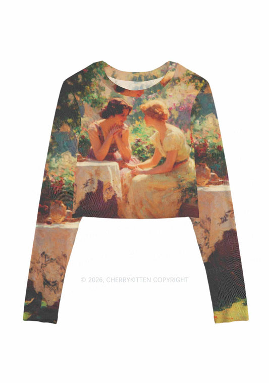 Garden Chat Pride Y2K Mesh Long Sleeve Crop Top Cherrykitten