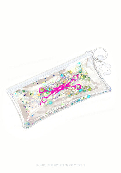 Pink Scissors Pride Y2K Quicksand Transparent Pencil Pouch Cherrykitten