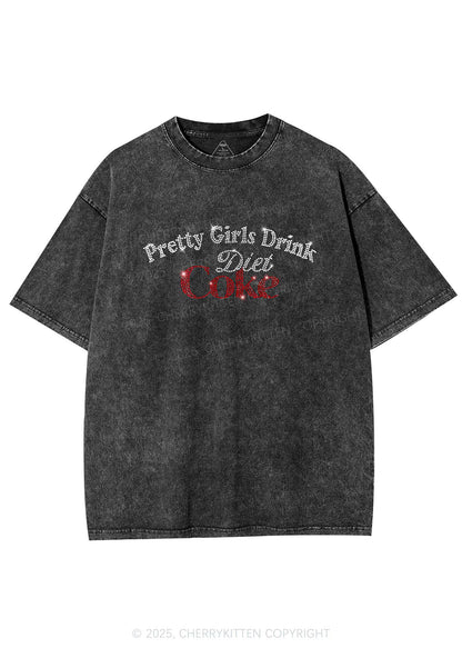 Rhinestone Pretty Girls Drink Diet Coke Y2K Shirts Washed Tee Cherrykitten