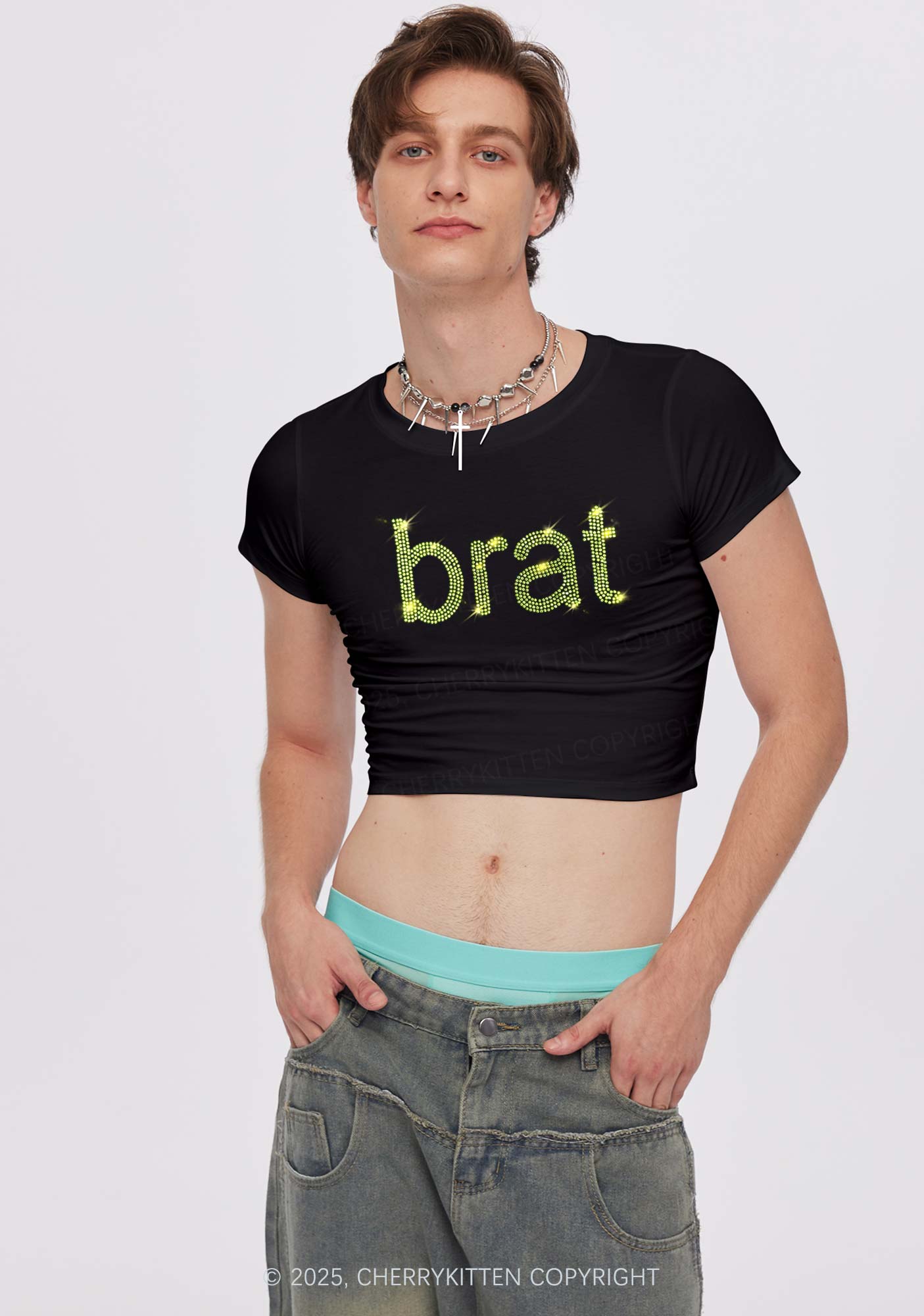 Rhinestone Green Brat Y2K Baby Tee Cherrykitten
