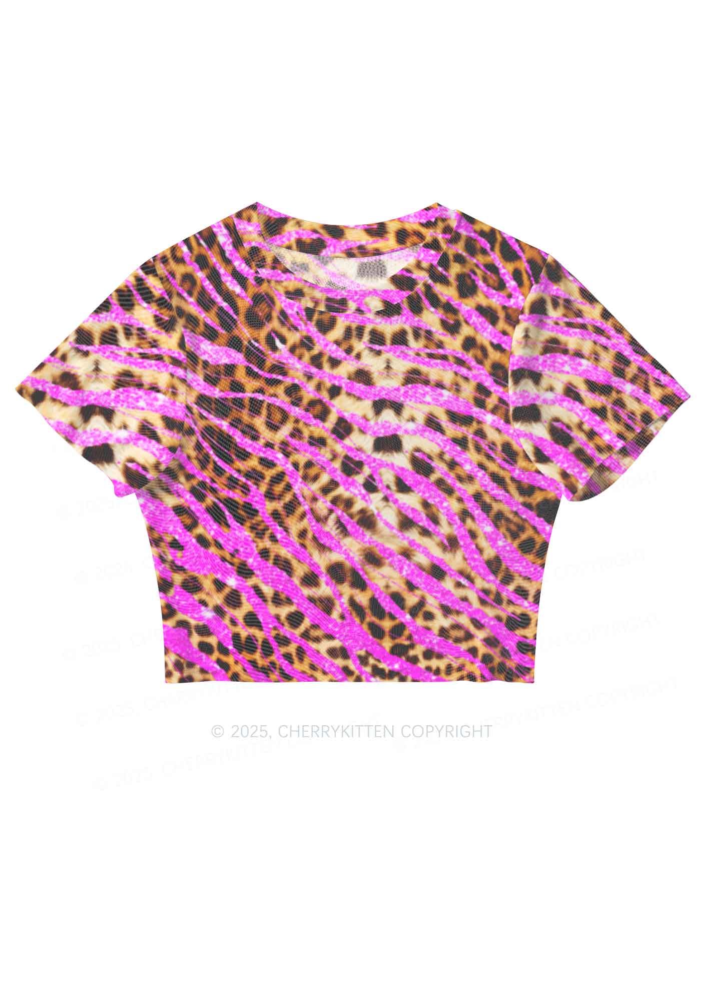 Sparkle Pink Leopard Y2K Mesh Crop Top Cherrykitten