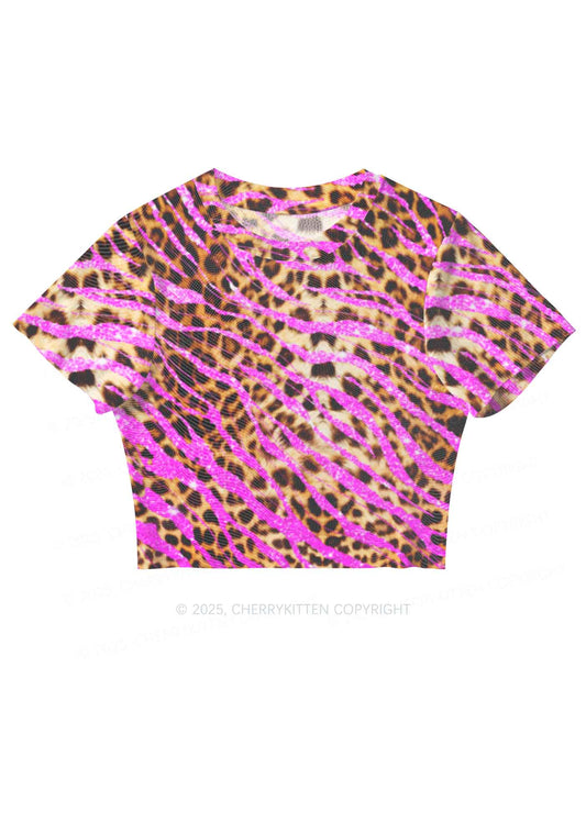 Sparkle Pink Leopard Y2K Mesh Crop Top Cherrykitten