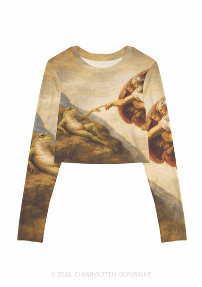 God Hand Touching Frog Y2K Mesh Long Sleeve Crop Top Cherrykitten