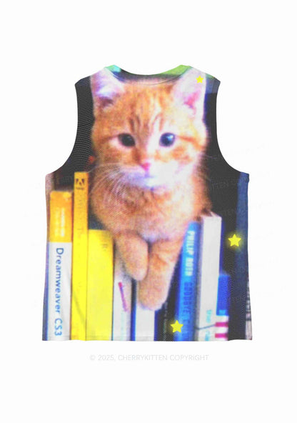 Feline Bookworm Y2K Mesh Muscle Tank Cherrykitten