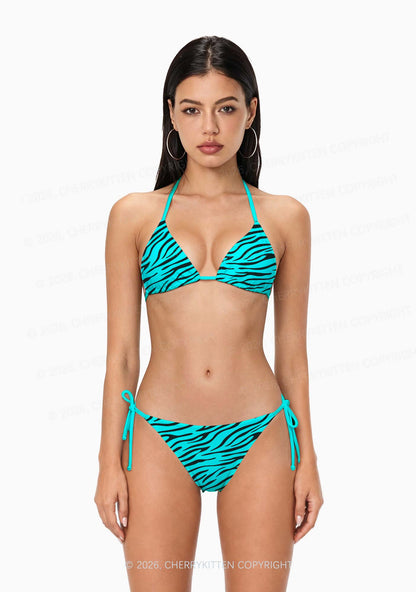 Bright Cyan Zebra Stripes Y2K Print Bikini Set Cherrykitten