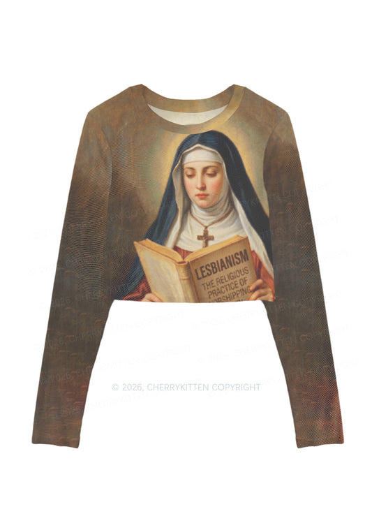 Lesbianism Nun Pride Y2K Mesh Long Sleeve Crop Top Cherrykitten