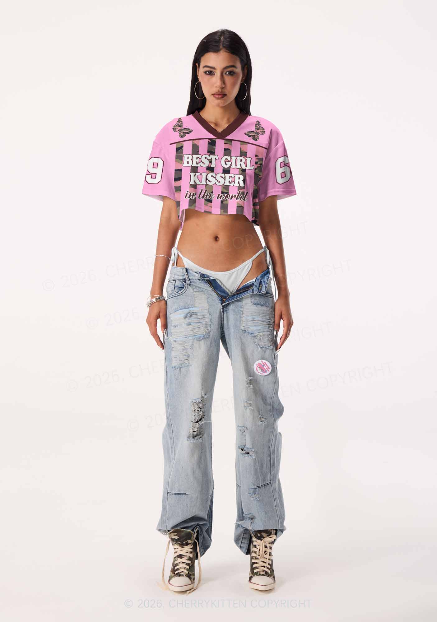 Best Girl Kisser Pink Camouflage Pride Y2K Crop Sport Jersey Shirts Cherrykitten