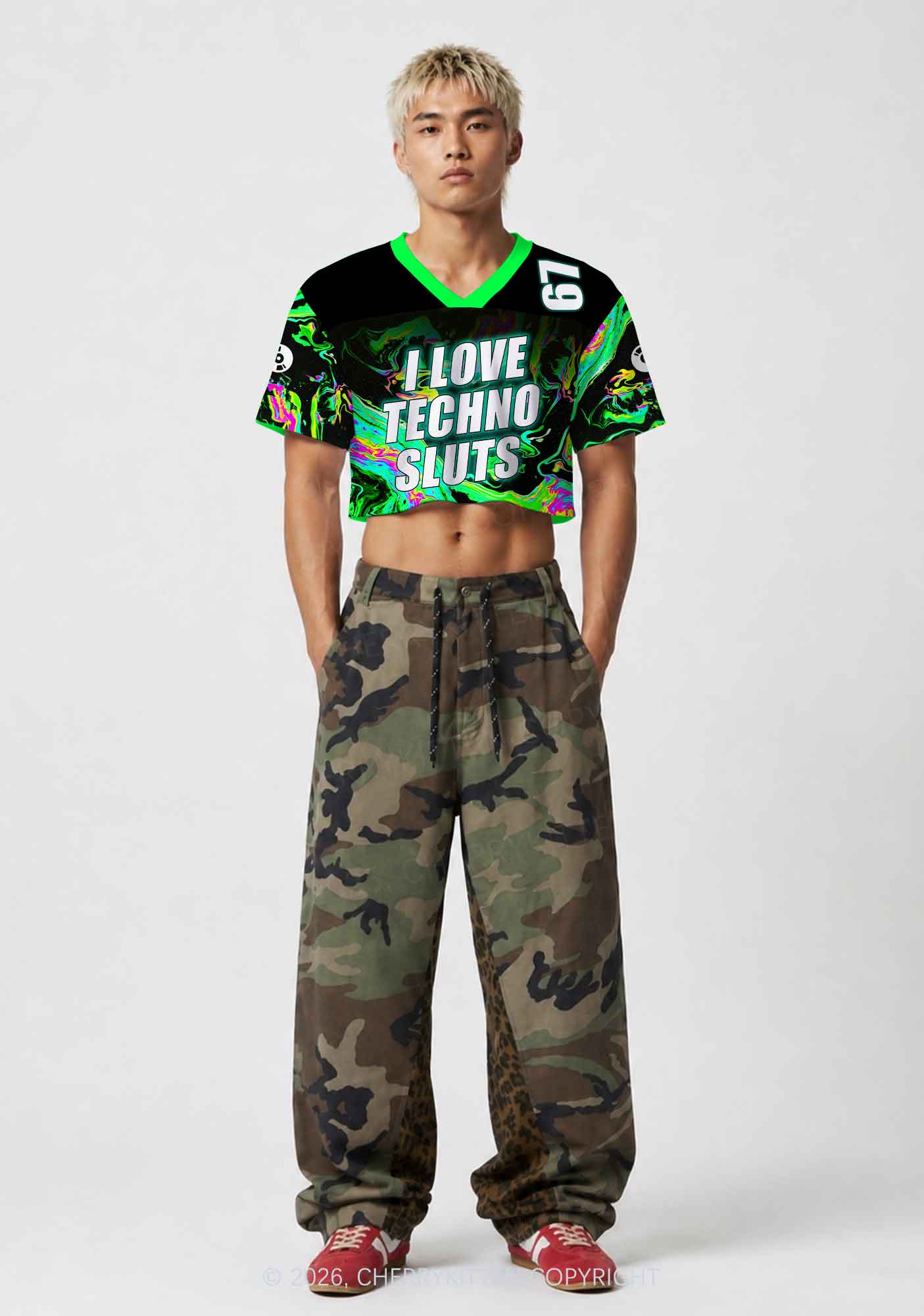 Green Liquid Swirl I Love Techno Slxts Y2K Crop Sport Jersey Shirts Cherrykitten