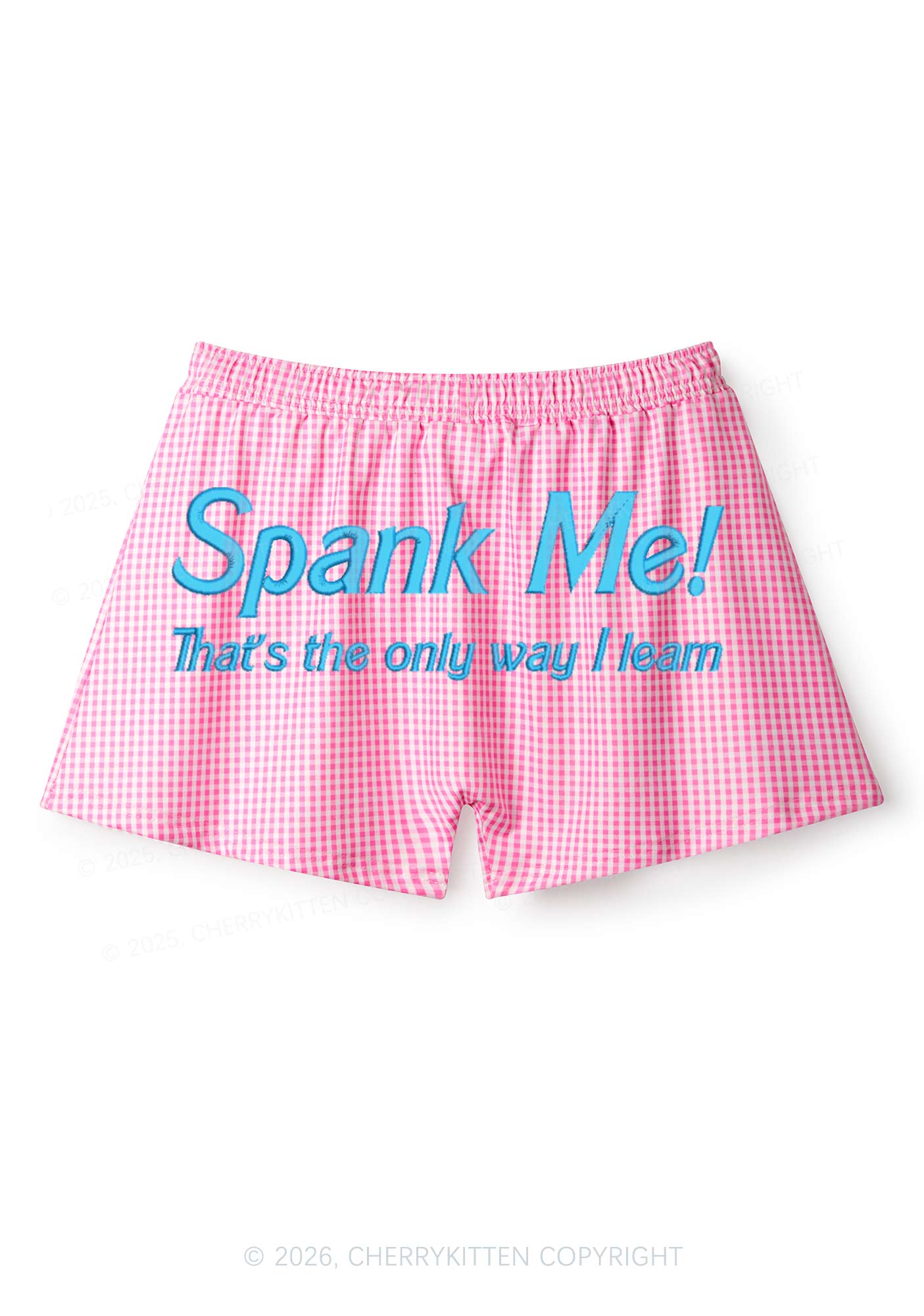 Embroidered Blue Spank Me Y2K Pink Gingham Boxer Men Shorts Cherrykitten
