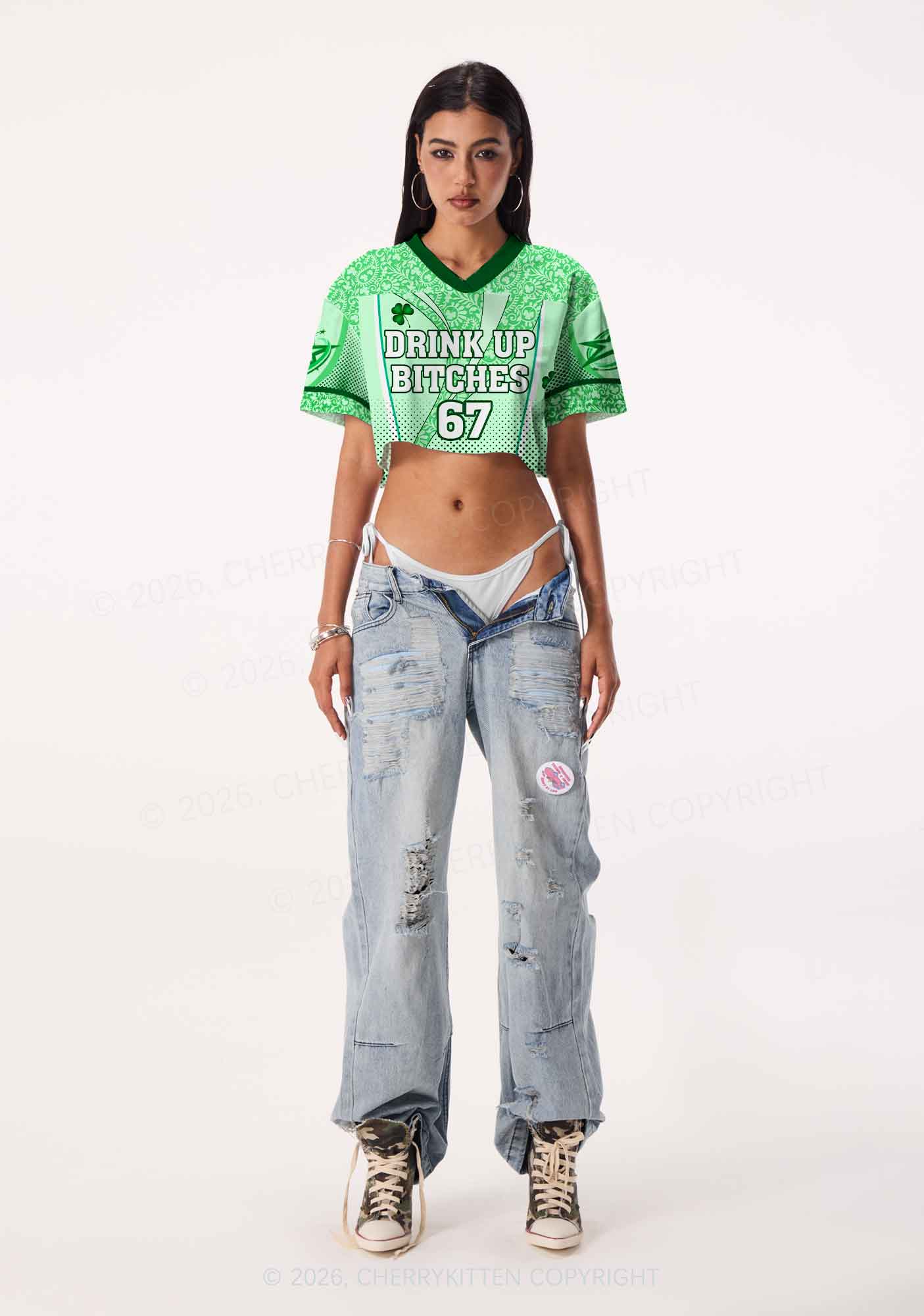 Custom Drink Up Bxxches St Patricks Y2K Crop Sport Jersey Shirts Cherrykitten
