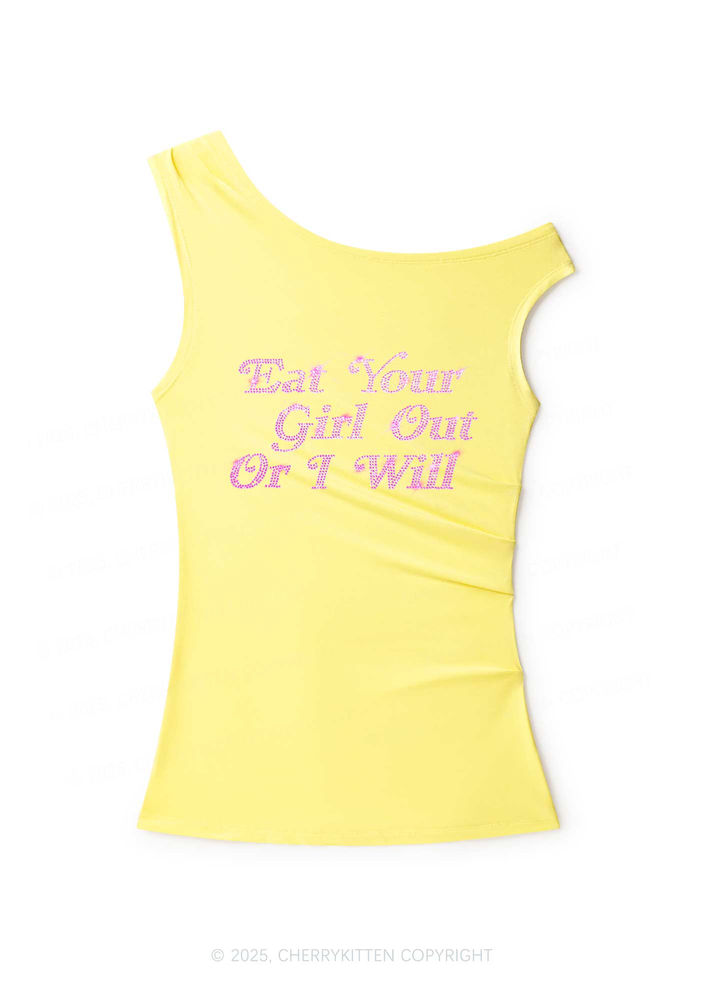 Rhinestone Eat Your Girl Out Y2K Off Shoulder Tank Top Cherrykitten