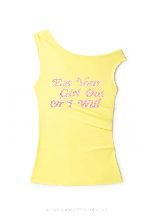 Rhinestone Eat Your Girl Out Y2K Off Shoulder Tank Top Cherrykitten