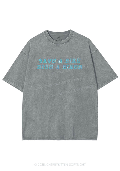 Rhinestone Save Bike Ride Biker Y2K Shirts Washed Tee Cherrykitten