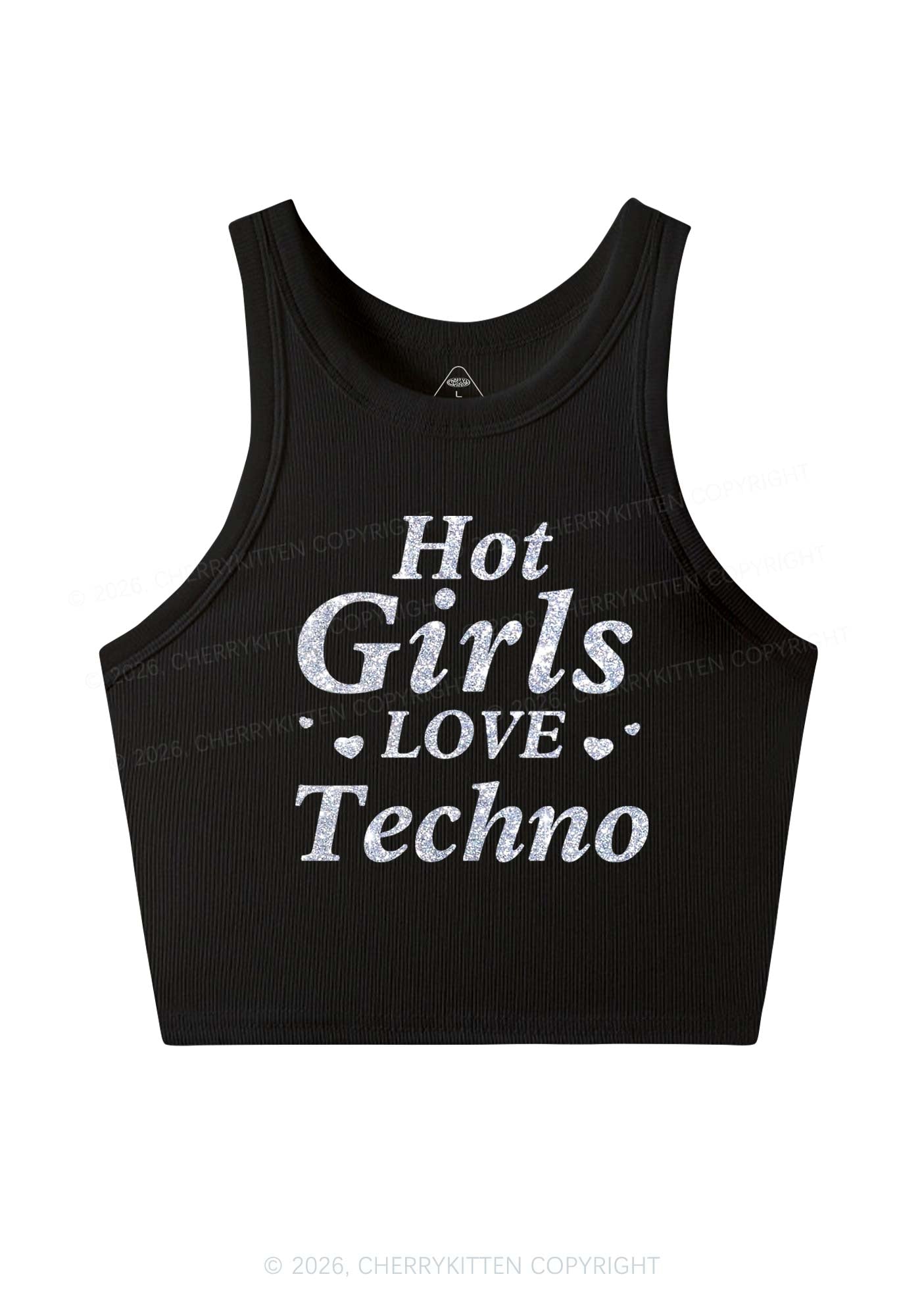 Glitter Hot Girls Love Techno Y2K Crop Tank Top Cherrykitten