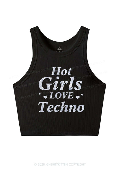 Glitter Hot Girls Love Techno Y2K Crop Tank Top Cherrykitten