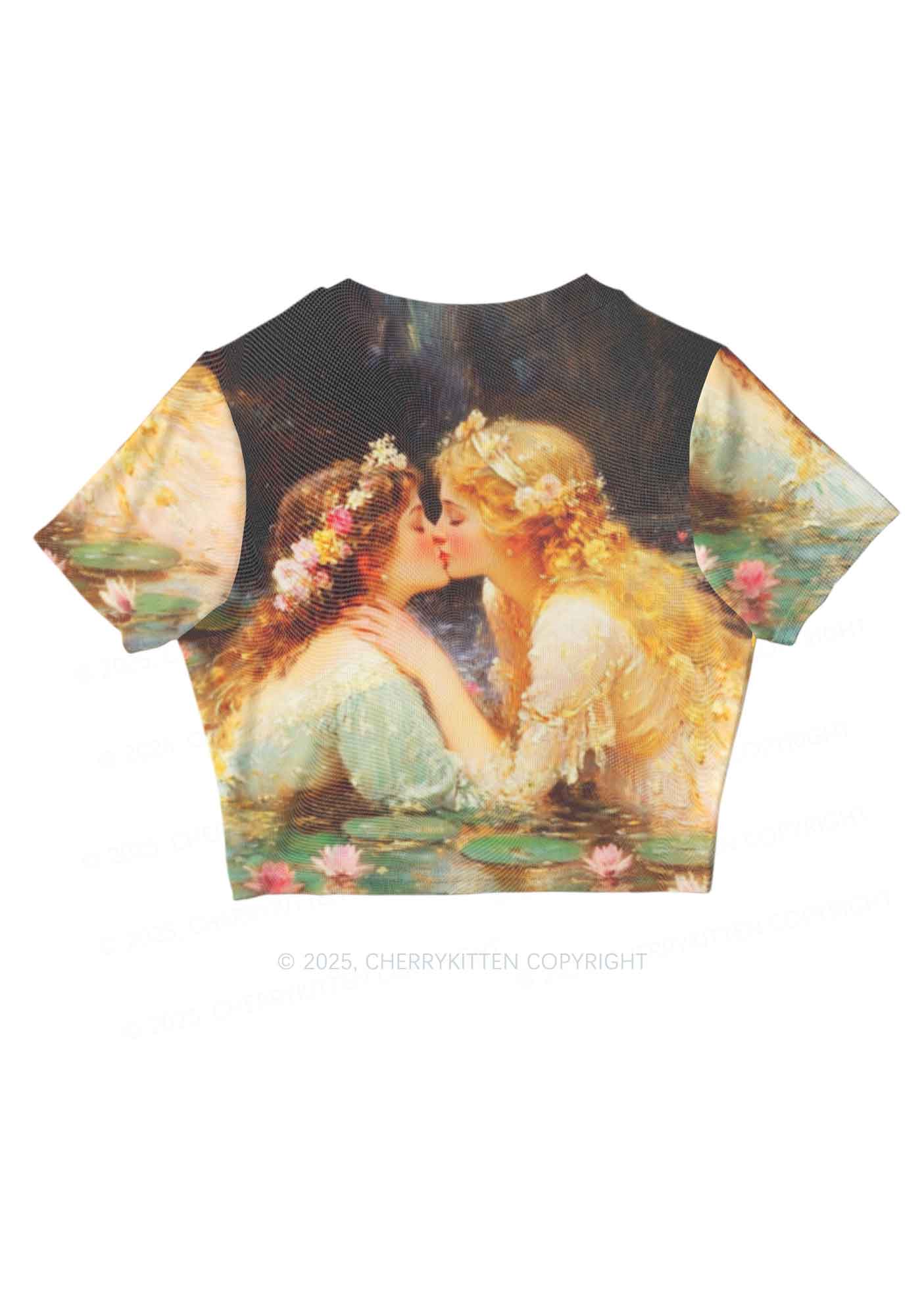 Romantic Kissing Girls Pride Y2K Mesh Crop Top Cherrykitten