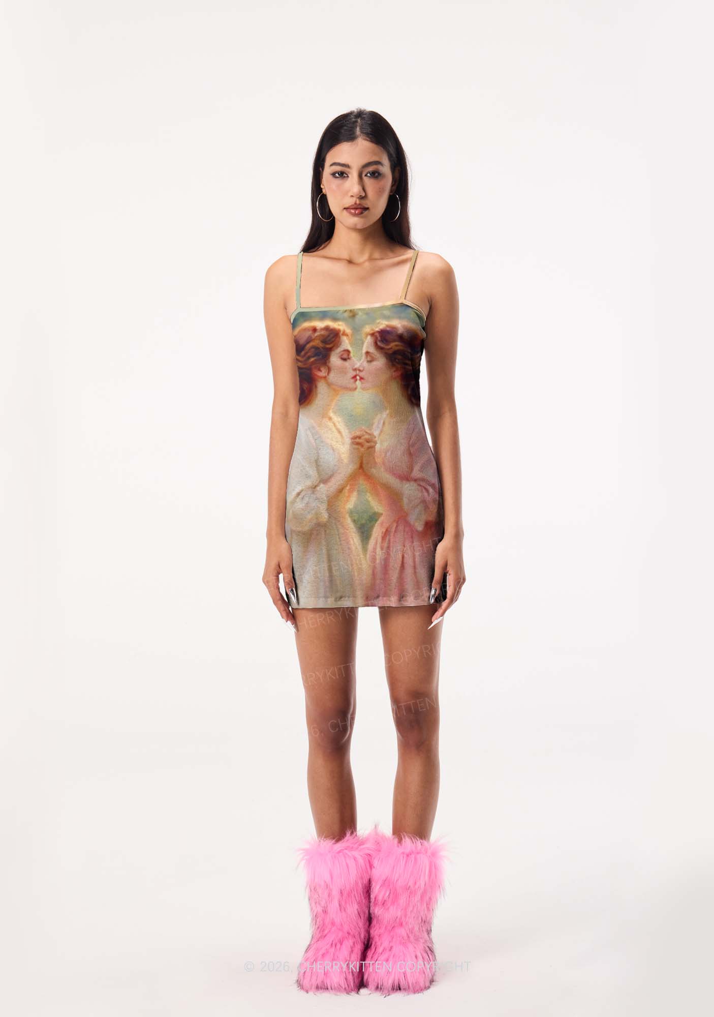 Girls Holding Hands Kissing Pride Y2K Print Slip Dress Cherrykitten