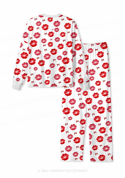 Red Lips Bows Y2K Print Long Sleeve Pajama Set Cherrykitten