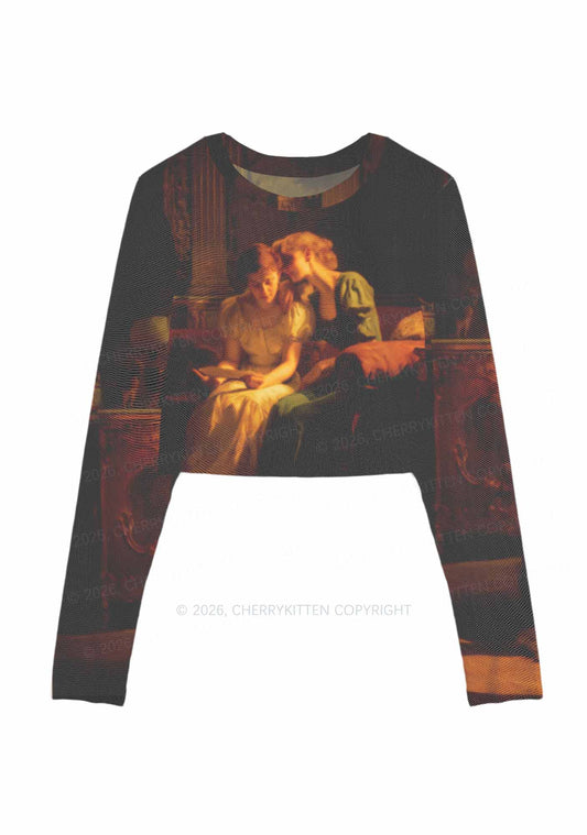 Two Women Reading Letter Pride Y2K Mesh Long Sleeve Crop Top Cherrykitten