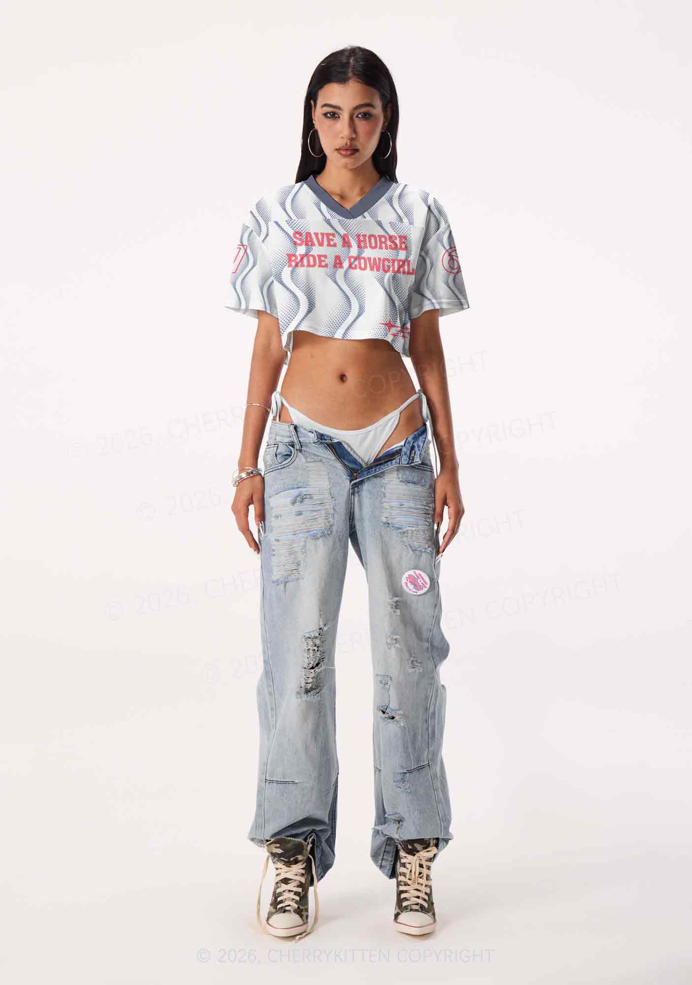 Ride A Cowgirl Blue Wave Pride Y2K Crop Sport Jersey Shirts Cherrykitten