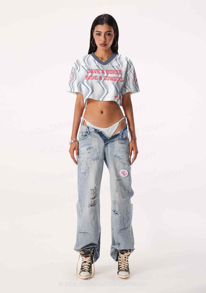 Ride A Cowgirl Blue Wave Pride Y2K Crop Sport Jersey Shirts Cherrykitten