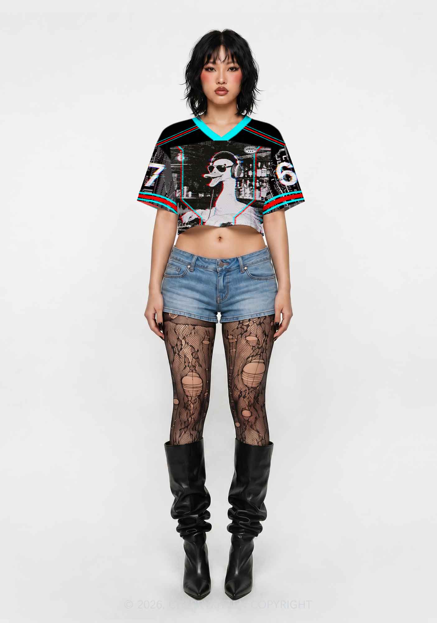 Retro Glitch DJ Duck Y2K Crop Sport Jersey Shirts Cherrykitten