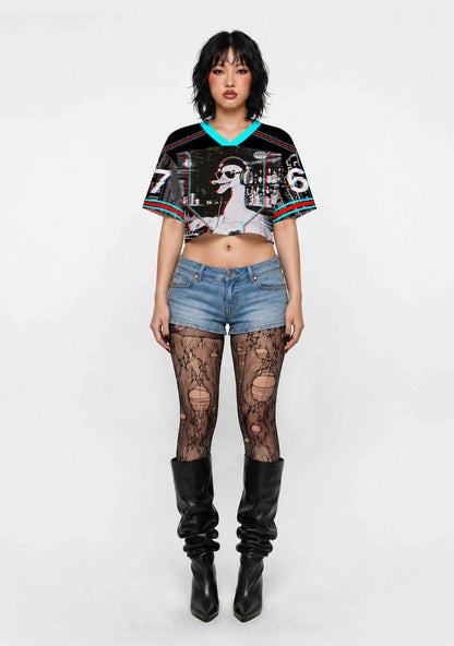 Retro Glitch DJ Duck Y2K Crop Sport Jersey Shirts Cherrykitten