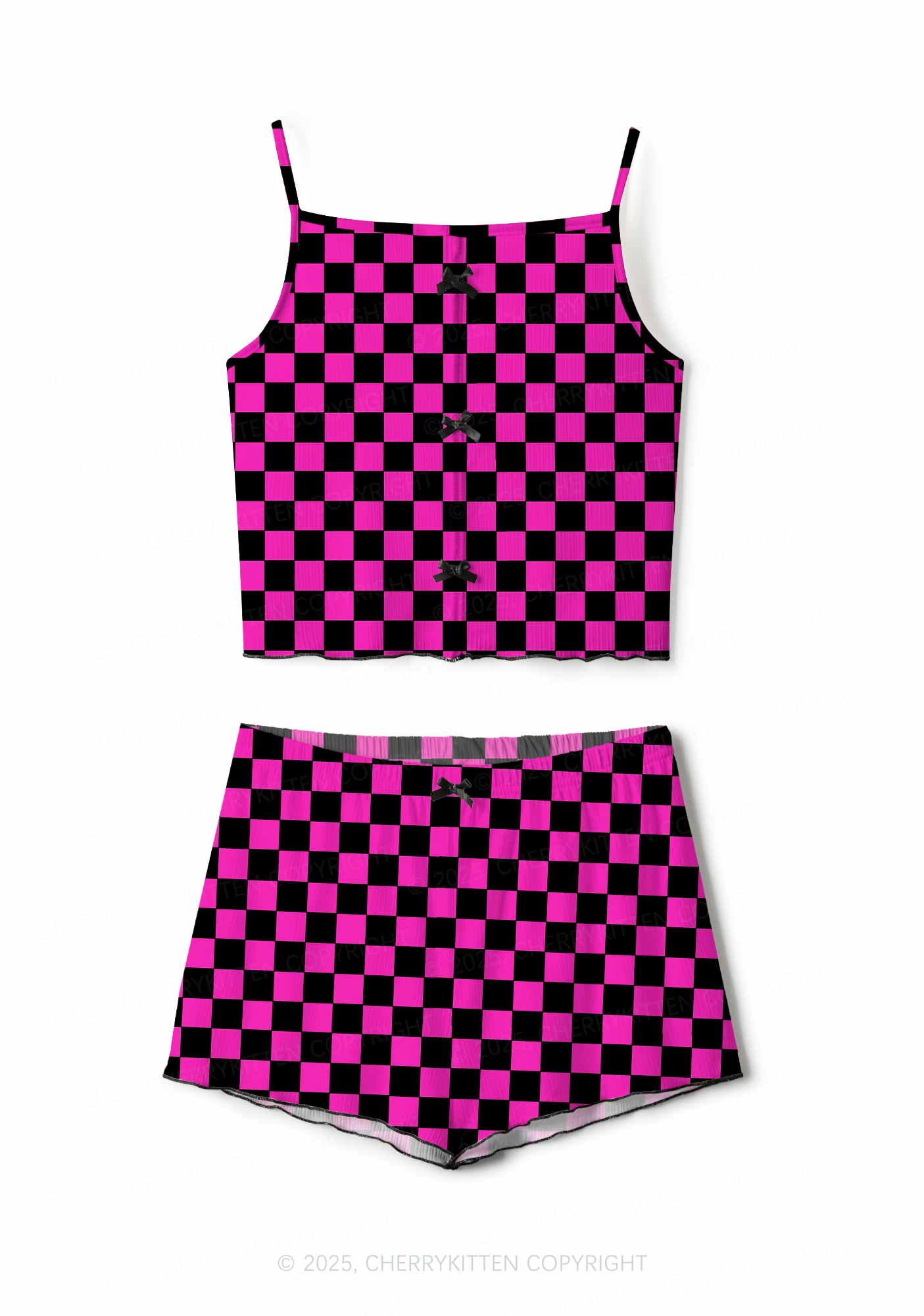 Black And Pink Check Valentine's Day Y2K Print Cami Shorts Pajama Set Cherrykitten