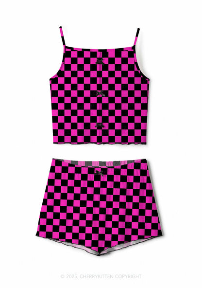 Black And Pink Check Valentine's Day Y2K Print Cami Shorts Pajama Set Cherrykitten