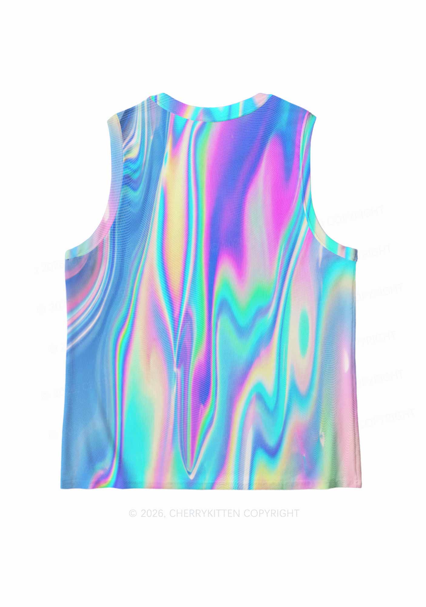 Holographic Iridescent Swirl Y2K Mesh Muscle Tank Cherrykitten