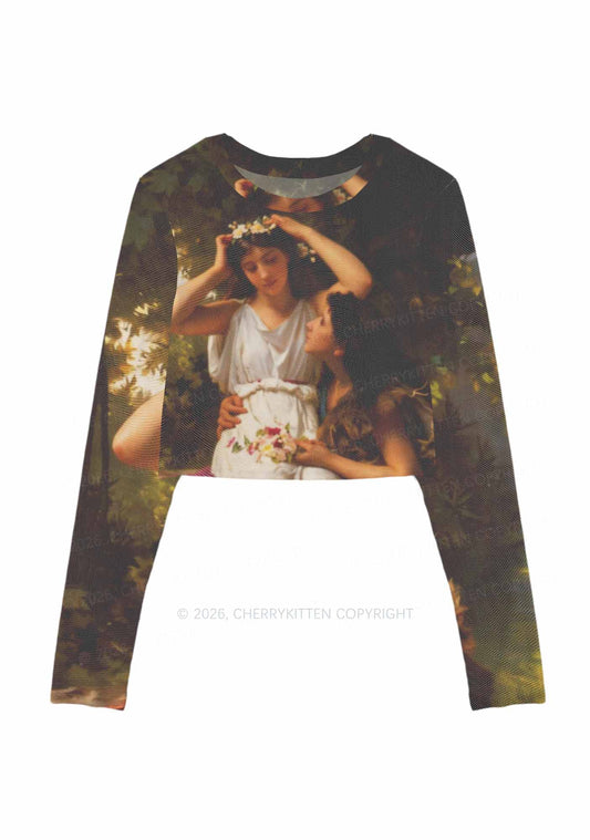 Forest Lovers Pride Y2K Mesh Long Sleeve Crop Top Cherrykitten