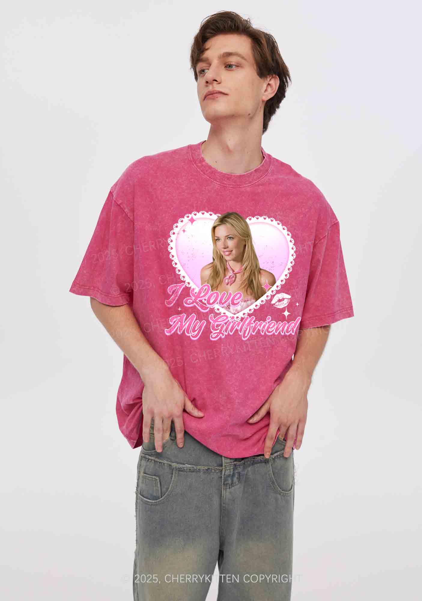 Custom Love My GF BF Photo Y2K Valentine's Day Washed Tee Cherrykitten
