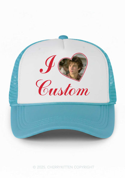 I Love Custom Photo Valentine's Day Y2K Colorblock Trucker Hat Cherrykitten