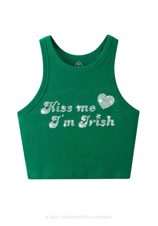Rhinestone Kiss Me St Patricks Y2K Crop Tank Top Cherrykitten
